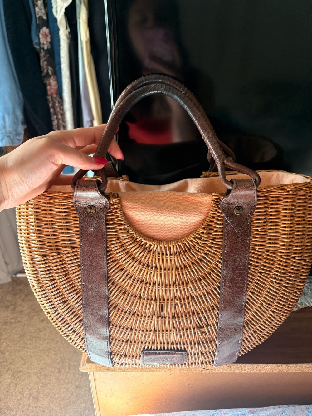 Tommy Bahama Woven Rattan Tote with Brown Leather Trim